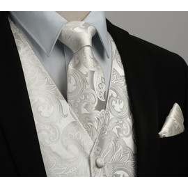 Hisdern Men's Floral Wedding Waistcoat, Tie and Handkerchief Set, Jacquard Waistcoat Suit Set, beige