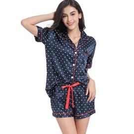 Serenedelicacy Women's Satin Pajama Set 2-Piece Sleepwear Loungewear Button Down Short Sleeve Silky PJ Set (Small, Navy, Dots)