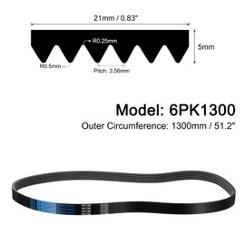 sourcing map 6K512/6PK1300 Serpentine Belt 6 Ribs 1300mm Length x 21mm Width x 5mm Height, EPDM Poly V Belt, Multi Wedge Micro V Belt for Vehicle