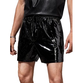 WDIRARA Men's Slant Pocket PU Leather Buttoms Drawstring Waist Straight Leg Shorts, Black, X-Large