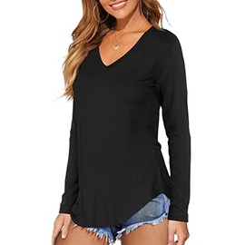 DittyandVibe Women Long Sleeve V Neck Curved Hem Tunic Tops T Shirts (Black,M)