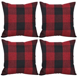 ORANIFUL Buffalo Check Cushion Covers 50cm x 50cm Set of 4 Linen Decorative Square Christmas Plaid Throw Pillow Case for Sofa Couch Bedroom Home Living Room 20x20 Inches (Red & Black)