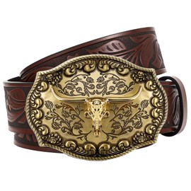 JASGOOD Western Leather Cowboy Belt for Men Women Longhorn Buckle Cowgirl Belt Floral Engraved Embossed Unisex Belt for Jeans，Coffee