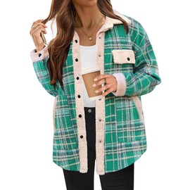 HOTOUCH Womens Flannel Plaid Button Down Shirts Shackets Button Down Fleece Collared Tartan Jacket Winter Coats with Pockets Green