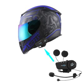 1Storm Motorcycle Full Face Helmet Skull King Matt Blue HJK311 + One Extra Clear Shield + Motorcycle Bluetooth Headset