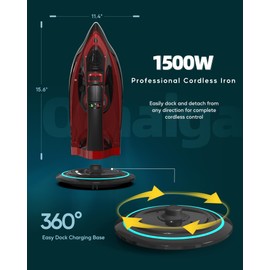 OMAIGA Cordless Iron for Clothes - 1500W Steam Iron with Non-Stick Ceramic Soleplate, Rapid Heating, Auto Shut Off, Burst of Steam, Self-Clean, Anti-Drip, Anti-Calc, 3 Temperature Settings, Red