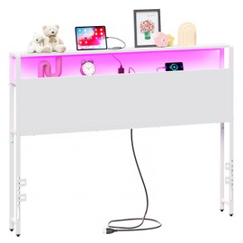 Merronix Full Sized Headboard with 2 Tiers Storage Shelves, Sturdy and Stable Headboard with Charging Station, USB Ports and LED Light for Full Bed Frame, White