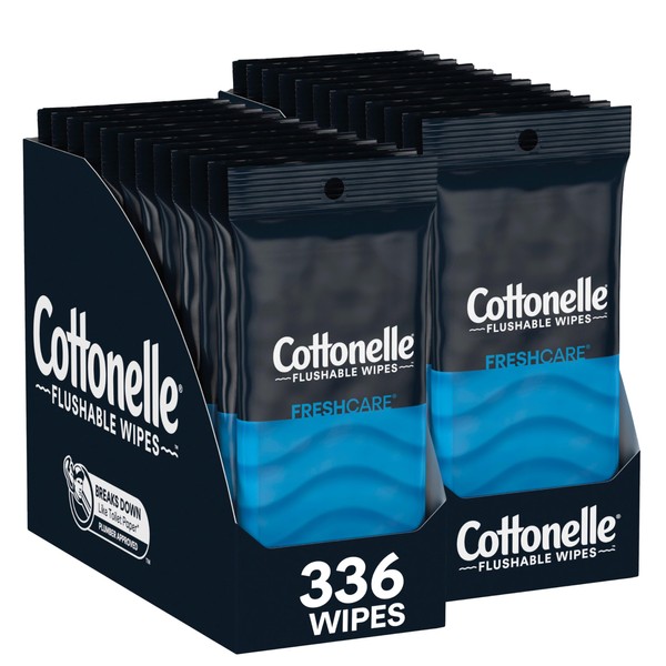 Cottonelle Fresh Care On-The-Go Flushable Wet Wipes, Adult Wet Wipes, 24 On-The-Go Packs (2 Trays of 12 Packs), 14 Wipes per Pack (336 Total Flushable Wipes), Packaging May Vary