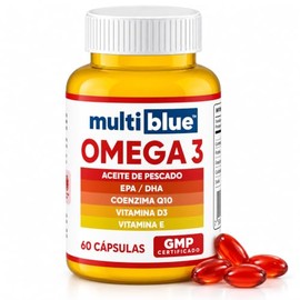 MultiBlue - Omega 3 Salmon Oil 60 Capsulas | Con Aceite de Pescado, EPA, DHA, CoQ10, Vitamina D3 y E | Sin Gluten, 100% Naturales, Libres de OMG | Certificado GMP | 2 caps diarias, 1 mes - Sabor Limon