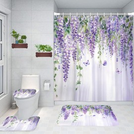 4 Pcs Purple Lavender Floral Shower Curtain Set with Non Slip Rugs Toilet Lid Cover and Bath Mat, Purple Lilac Flower Leaves Fabric Waterproof Bath Mat Carpet Toilet Restroom Bathroom Accessories