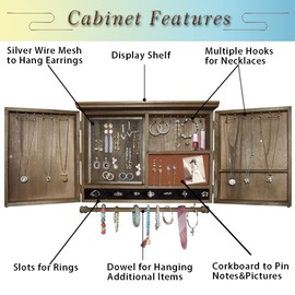 GLANT Rustic Wall Mounted Jewelry Organizer with Wooden Barndoor Decor,Wooden Wall Mount Holder,Jewelry holder for Necklaces, Earings, Bracelets, Ring Holder. Includes matching hook organizer