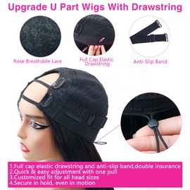 U Part Wigs With Drawstring For Women Yaki Straight Human Hair Wigs 200% Density U Part Human Hair Wigs Can Be Dyed And Bleached(#1b Natural Black, 20 Inch)