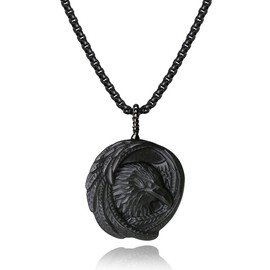 COAI Bold Eagle Black Obsidian Men's Viking Necklace, Stainless Steel Box Chain 60cm