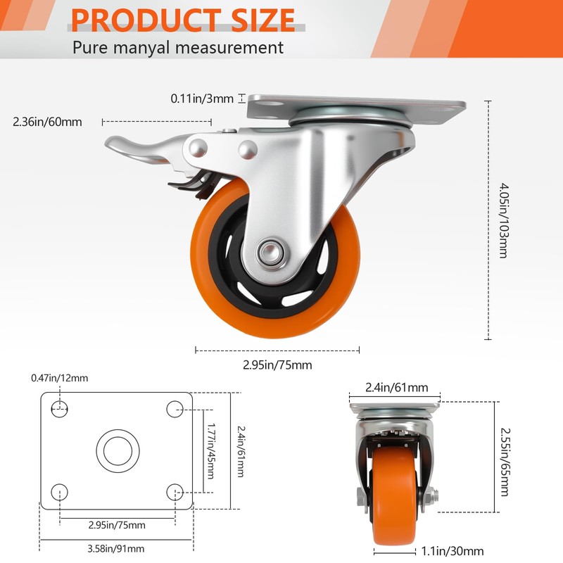 3-Inch PU Mixed Locking & Fixed Casters Set of 4,