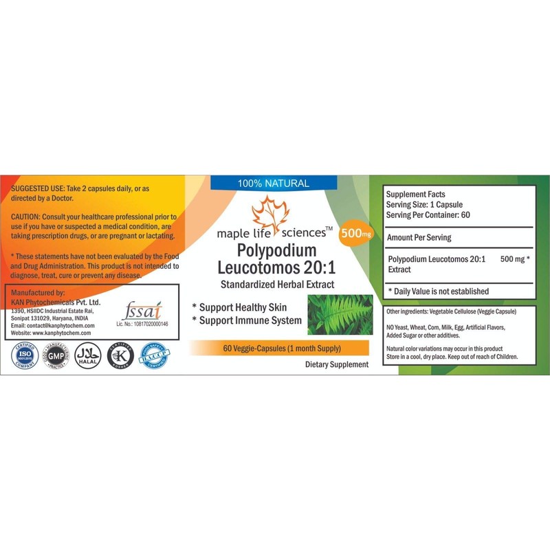 Polypodium Leucotomos 20:1 Extract - 500mg - 60 Vegan Capsules