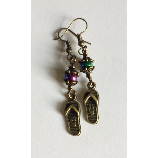 Handmade Slipper Dangle Earrings Bronze With Rainbow Hematite