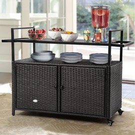 YITAHOME Large Portable Outdoor Wicker Bar Table with Storage Cabinet, Wheels and Black Glass Table Top for Patio Kitchen and Bar Cart (Dark Brown)