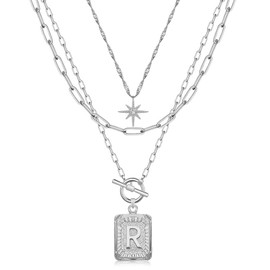 MJartoria Layered Initial Necklaces for Women Trendy, 14K Gold Plated Simple Star Choker Square Letter Pendant Necklace, Paperclip Chain Necklace, Gold Necklaces Jewelry Gifts (Silver, R)