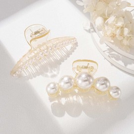 Casdre Pearl Hair Claw Clips Transparent Large Hair Claws Clip Non Slip Hair Barrette Strong Hold Jaw Clip Hair Clamps Fashion Hair Accessories for Women(Pack of 2)