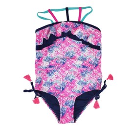 Limited Too Girls Printed UPF 50 Sun Protection Swimsuit with Matching Bottoms (Bright Pink/Blue, 7/8)