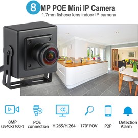 REVODATA Ultra HD 8MP Mini POE IP Camera,4K Small Indoor Security Camera Fisheye 1.7mm Lens 180° Viewing Angle P2P Remote View CCTV POE Fisheye Cam,H.265 Motion Detection (I706-3-P-HS82)