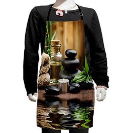 Ambesonne Spa Apron, Massage Stone Triplets Herbal Oil and Scent Candles Print, Small Apron Bib with Adjustable Ties for Baking Painting, Small Size, Black Brown and White
