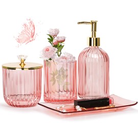Jenseits Pink Bathroom Accessories Set, 4 Pcs Glass Bathroom Accessory Sets, Soap Dispenser, Toothbrush Holder, Qtip Holder, Vanity Tray, Housewarming Dorm Apartment Decor Home Essentials Gift For Her
