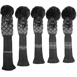 Scott Edward Golf Headcovers 5Pcs for Driver*1 Fairway*2 Hybrid*2,Knitted Elastic Yarn Double Layers Big Pom Protect Golf Club from Scracthes and Dust,Perfect Match Golf Bags (Grey Reticulated)