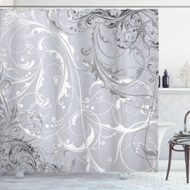 Ambesonne Floral Shower Curtain, Baroque Swirl Branches Curved Flower Leaves Shabby Form Nature Pattern, Cloth Fabric Bathroom Decor Set with Hooks, 69" W x 75" L, Pearl White