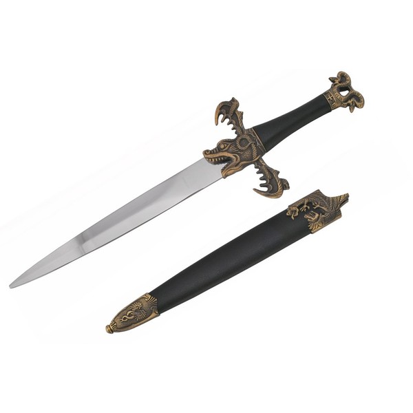 Wuu Jau Co H-5930 Medieval Dagger with Dragon Gold Handle Design and Black Scabbard, 16"