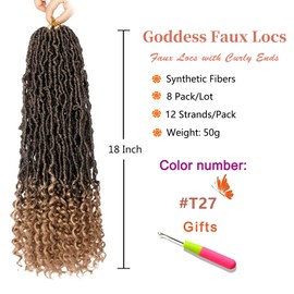 Stephanie 18 Inch Goddess Faux Locs Crochet Braids With Curly Ends 8 Packs Soft New Faux Locs Crochet Hair Natural Black Pre Looped Synthetic Crochet Braiding Hair for Women (T27, 18 inch)