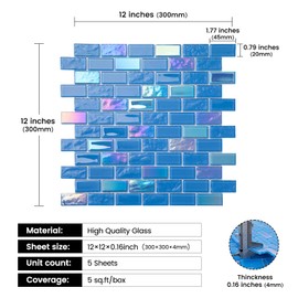 Adedeo Glass Mosaic Tile Azure Blue 12 x 12 Inch Glossy Glass Tile for Swimming Pool Kitchen Backsplash Shower Waterline Fountain Spa Wall (5-Pack, 5 sq.ft.)