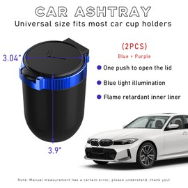 Suvnie 2PCS Car Ashtray with Lid, Detachable Stainless Steel Smokeless Auto Ashtray with Blue LED Light, Mini Vehicle Trash Can for Cup Holder Home Office, Interior Car Accessories (Blue+Purple)