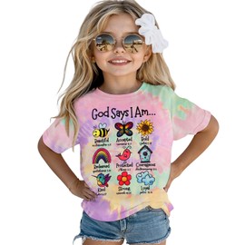 Ritatte God Says I Am Bee Shirt Toddler Girls Christian Bible Verse T-Shirt Religious Tee Inspirational Tie Dye Tops(Green&Purple, 110<4-5T>)