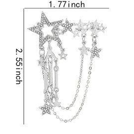 Y2k Star Brooch Pin Silver Bling Bling Rhinestone Star Broche Safety Pins for Clothes Hats Shirt Sweaters with Layered Tassel Chain Aesthetic Edgy 2000s Fashion Styling Accessories for Women Men