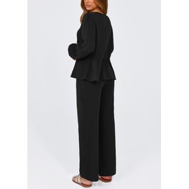 PRETTYGARDEN Womens 2025 Two Piece Outfits Tie Front Long Sleeve Top Wide Leg Pant Lounge Sets Cute Matching Loungewear(Black,Small)
