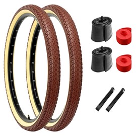 2-Pack Bike Tire, 26x2.125 Inch Folding Replacement Bicycle Tires and Pair 26-inch Inner Tubes with Tire Levers for Beach Cruiser Urban City Commuter Bike - Yellow Walled (Brown)