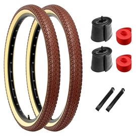 2-Pack Bike Tire, 26x2.125 Inch Folding Replacement Bicycle Tires and Pair 26-inch Inner Tubes with Tire Levers for Beach Cruiser Urban City Commuter Bike - Yellow Walled (Brown)
