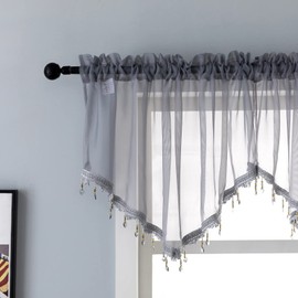 PearAge Beaded Sheer Valance Curtains for Living Room,Rod Pocket Farmhouse Window Valance, Bead Trim Tassel Voile Sheer Curtain Valance for Bedroom Bathroom Cafe 51x24 Inches (Grey) 1PC