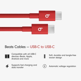 Beats USB-C to USB-C Woven Cable Fast Charging Durable/Tangle-Free Compatible Charger for Apple & Android USB-C Devices (1.5 m, 5 ft) - Rapid Red