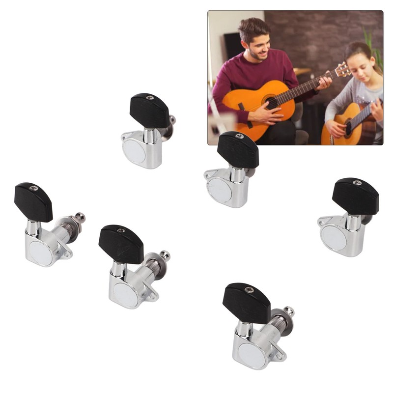 6 Pcs Guitar Tuning Pegs 3L3R Metal Body Black Wood