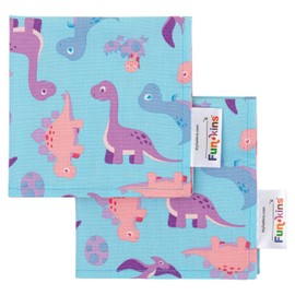 Funkins Reusable Cloth Napkins for Kids | 12”x12”, 2-Ply, Thick, Absorbent, Durable | Machine Washable | Name Tag | Soft Cotton Fabric | Great for School Lunchboxes | Set of 2 Napkins | Pink Dinosaurs