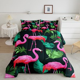 Flamingo Kids Comforter Set King Size,Tropical Botanical Palm Leaves Bedding Set,Girls Women Room Decor,Wild Birds Animals Hawaii Summer Beach Down Comforter,Pink Green Duvet Insert,2 Pillowcases