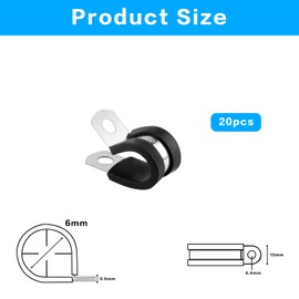 Stainless Steel Rubber Lined P Clips Assorted, 20 Pcs 6mm Hose Pipe Clamps, Hose Clips Conduit Clips, Rubber-Lined P-Clips Metal Wire Cable Clamps for Cable, Cord, Wire, Hose, Tube - 6mm