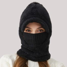 Rayson 3 in 1 Knitted Hat Scarf Set for Women Winter Warm Stretch Beanie with Bobble for Outdoor Sports, black