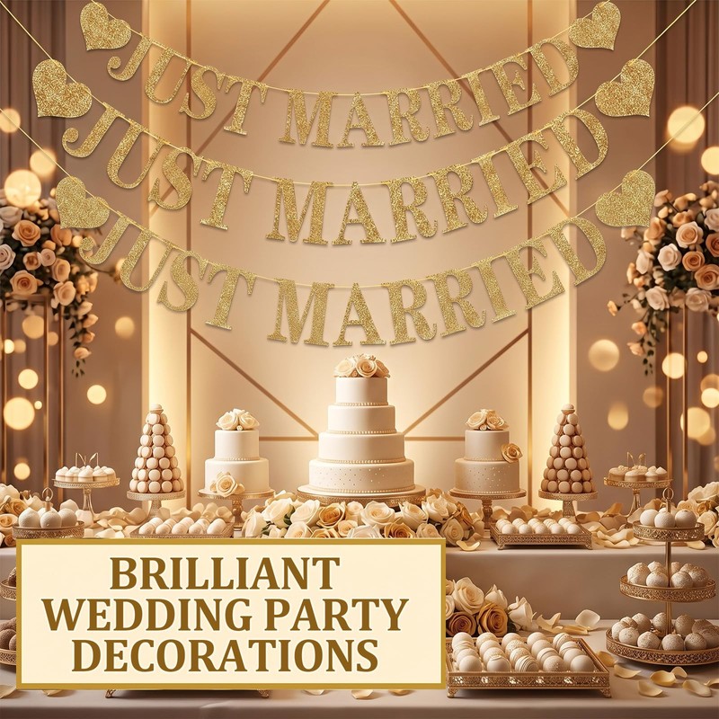 Guttiuaa Just Married Banner, 3 Pcs Gold Glitter Wedding Bunting
