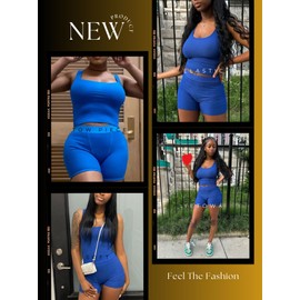 Conjunto de 2 piezas de entrenamiento casual para mujer, playera sin mangas de yoga de punto acanalado, leggings de cintura alta, conjunto de ropa activa, brasier y pantalones cortos: azul joyería, L