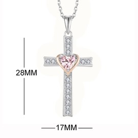 Aprila Women Necklace 925 Sterling Silver Heart Cross Pendant Necklace with Cubic Zirconia October Birthstone Tourmaline Color Jewelry