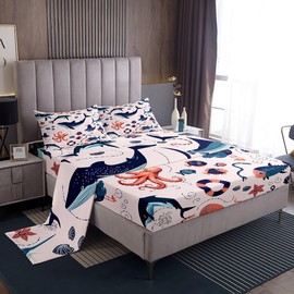 Erosebridal Coastal Animal Sheet Set for Kids Boys Girls Child,Cartoon Whale Bed Sheets Twin,Cute Shark Dolphin Bedding Set,Octopus Tropical Fish Shell Seagull Fitted Sheet + Top Sheet + 1 Pillowcase