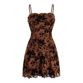 Verdusa Women's Mini Dress Floral Spaghetti Strap Mesh Dresses Going Out Festival Concert Outfits Grunge Gothic Clothes Brown Floral Medium
